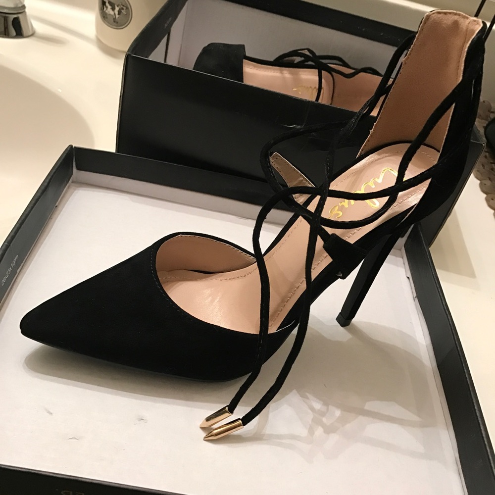 Lulus Black Suede Lace-Up Heels